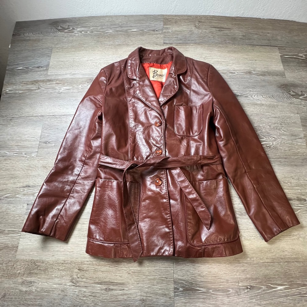 Berman's Leather Jacket Women XS Brown Belted Vintage 70s Trench Coat AP78